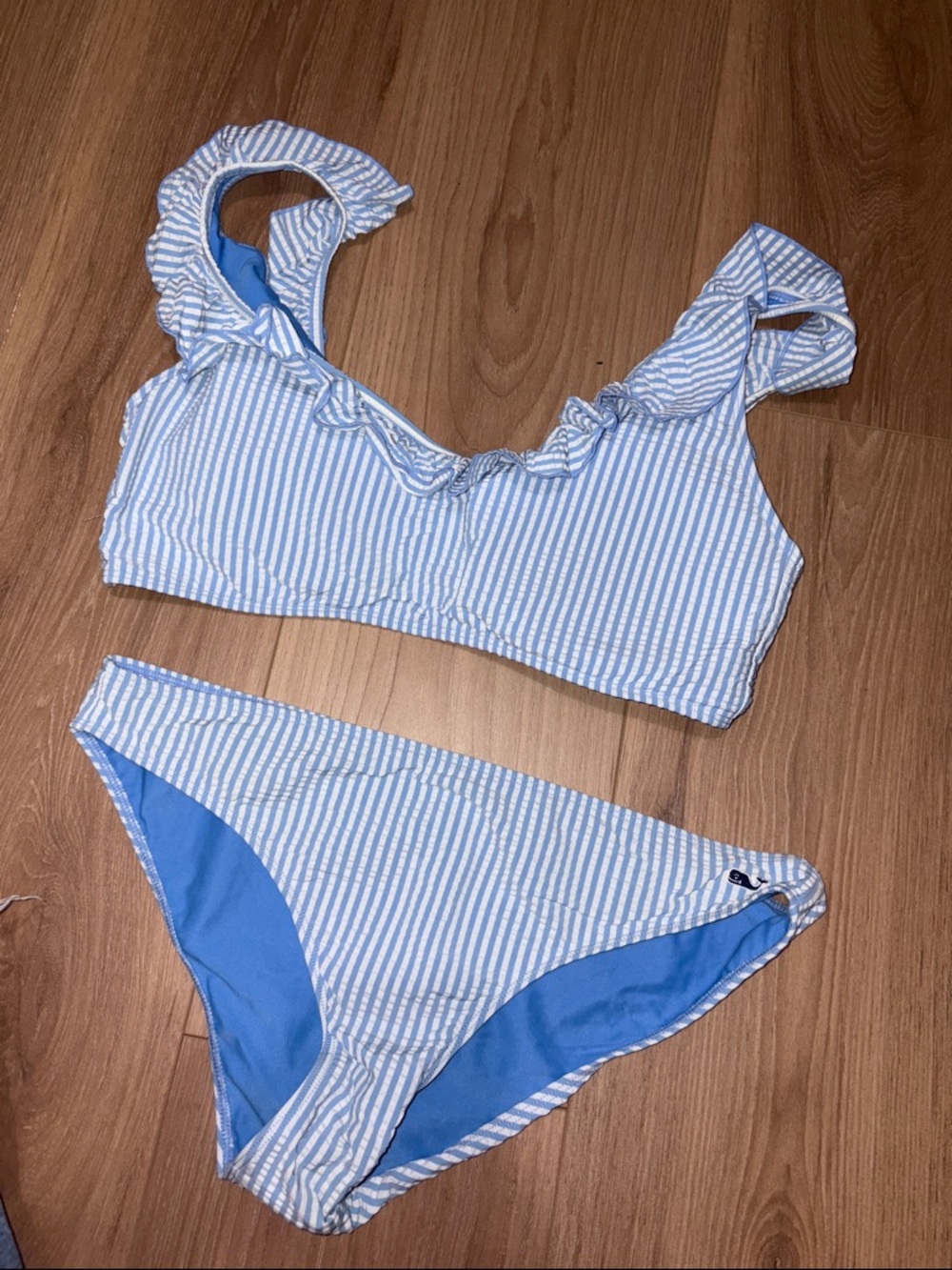 Vineyard Vines Light Blue and White Striped Ruffle Bikini Set